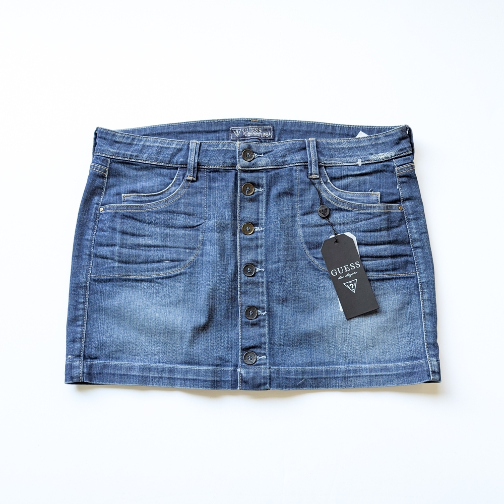 Low Rise Guess Denim Button Up Distressed Jean Skirt